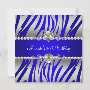 Invitation 30e fête d'anniversaire Zebra Blue Pearl Argent