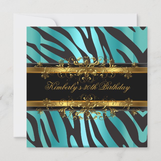 Invitation 30e fête d'anniversaire Zebra Turquoise Blue Gold  (Devant)