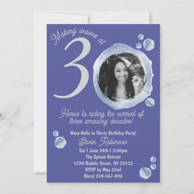 Invitation 30e Indigo Blue Bubbles Anniversaire Photo (Devant)