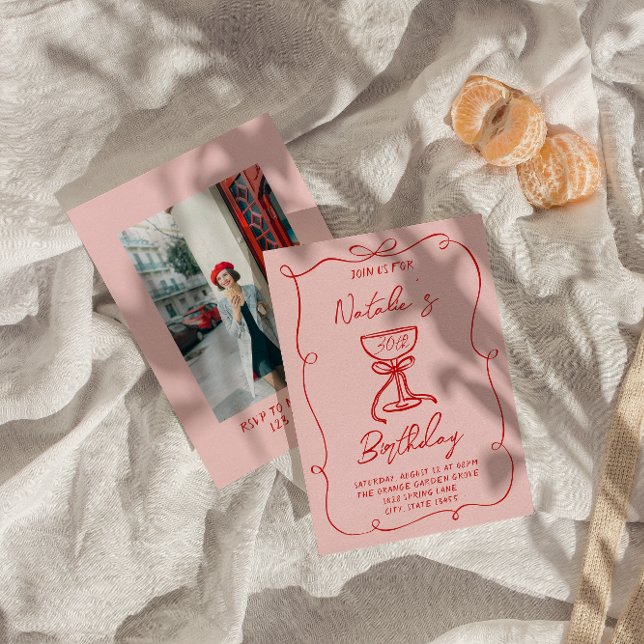 Invitation 30e Main tiré Bow Champagne Bow Rouge Photo Annive (Créateur téléchargé)