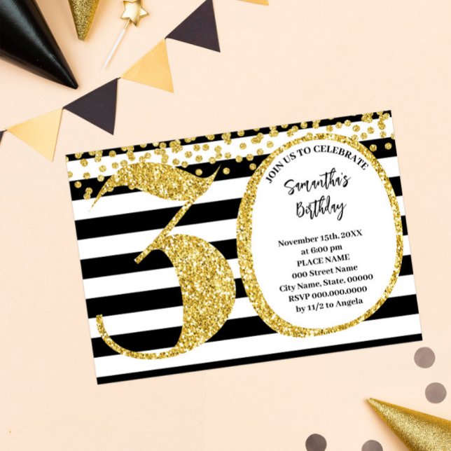 Invitation 30e Parties scintillant Black White et Gold modern (Créateur téléchargé)
