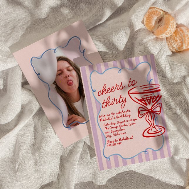 Invitation 30e Pink Drawn Champagne Verre Fun Photo Anniversa (Créateur téléchargé)
