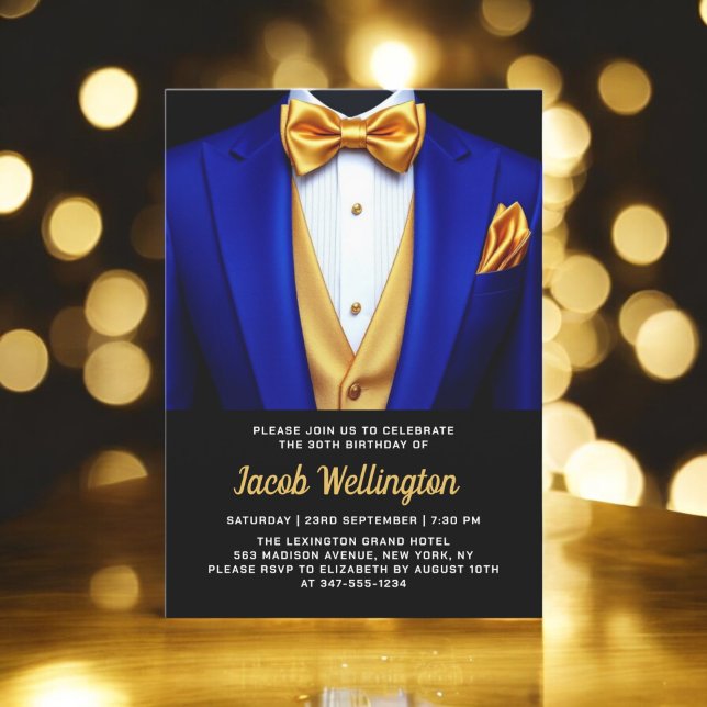 Invitation 30e Royal Blue and Gold Tuxedo Birthday Event (Créateur téléchargé)