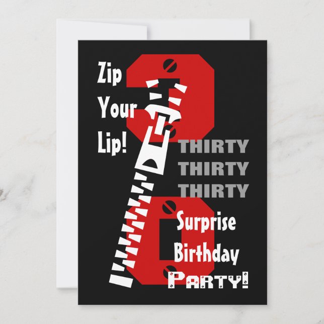 Invitation 30e SURPRISE Anniversaire Noir Rouge Blanc B473 (Devant)