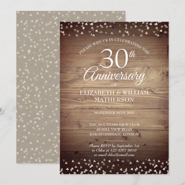 Invitation 30ème Anniversaire Perle Bois Rustique Confettis  (Devant / Derrière)
