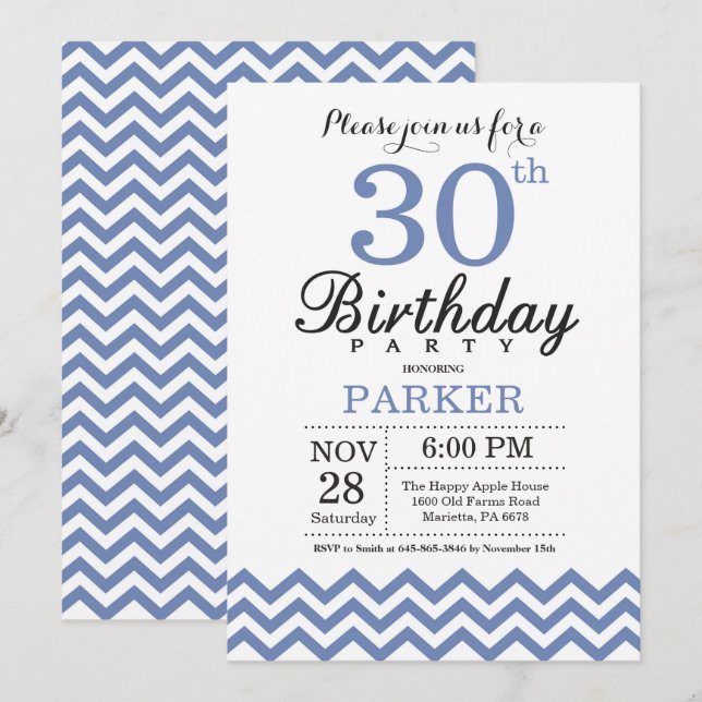 Invitation 30ème Bleu Chevron d'invitation d'anniversaire (Devant / Derrière)