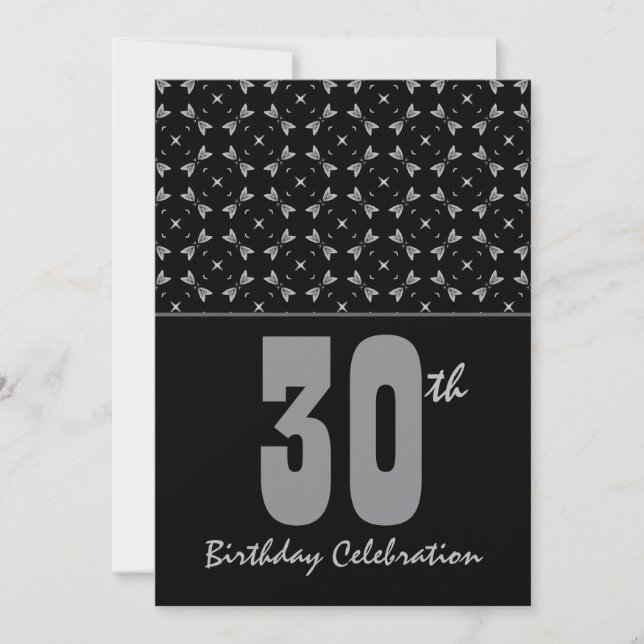 Invitation 30ème Noir et argent de fête d'anniversaire (Devant)