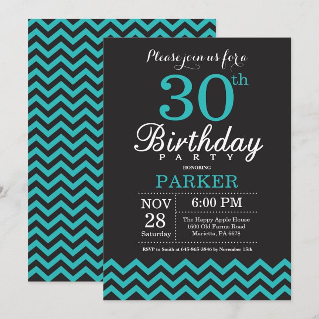 Invitation 30ème Noir et Teal d'invitation d'anniversaire (Devant / Derrière)