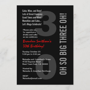 Invitation 30ème Rouge blanc TROIS OH de noir moderne
