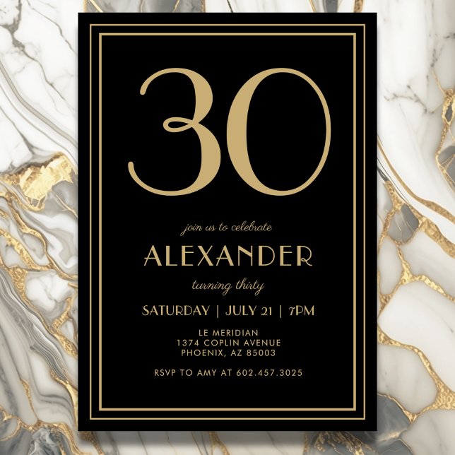 Invitation 30th Birthday Black and Gold Modern Minimal Adult (Elegant black and gold 30th birthday invitation design.)