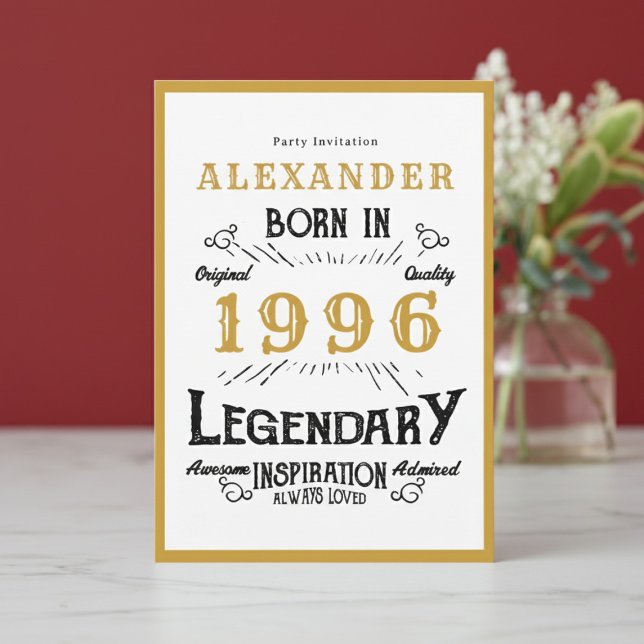 Invitation 30th Birthday Born 1996 White Gold Legend (Born 1996 birthday invitation.)