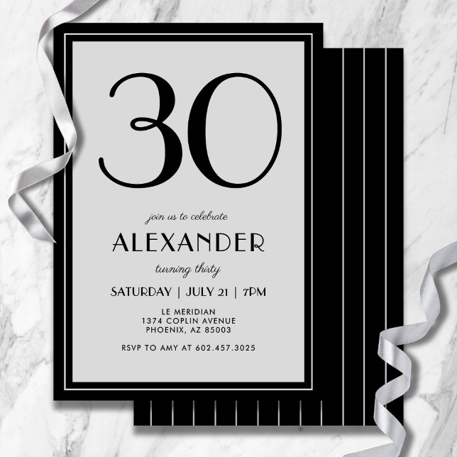 Invitation 30th Birthday Modern Minimalist Mens Black Gray (Refined black and gray stripes add modern flair to your 30th celebration.)