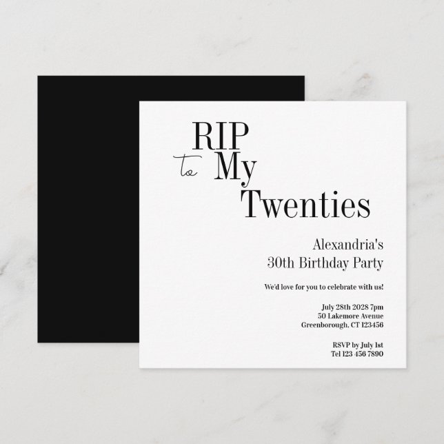 Invitation 30th Birthday RIP 20s Black and White Minimal (Devant / Derrière)