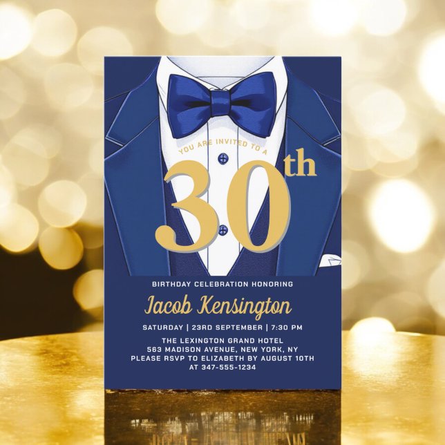 Invitation 30th Navy Blue and Gold Tuxedo Birthday Event (Créateur téléchargé)