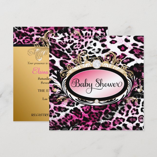 Invitation 311 Baby shower Léopard rose-Chaud opulent (Devant / Derrière)