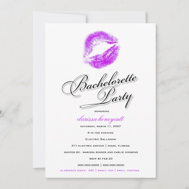 Invitation 311-Bachelorette partie - baisers de pourpre (Devant)