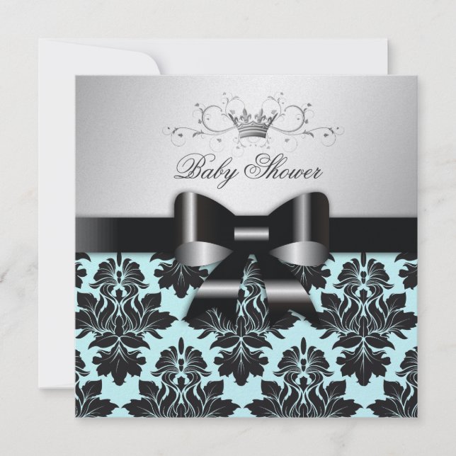 Invitation 311 Blackberry Blue Damask Black Bow| Baby shower (Devant)