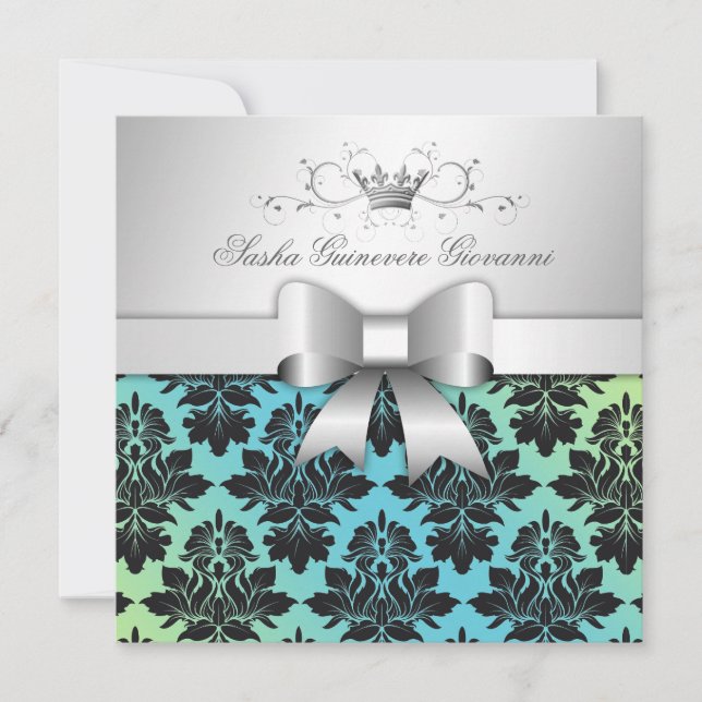 Invitation 311-Blackberry Damask Bow Turquoise Lime Sweet 16 (Devant)