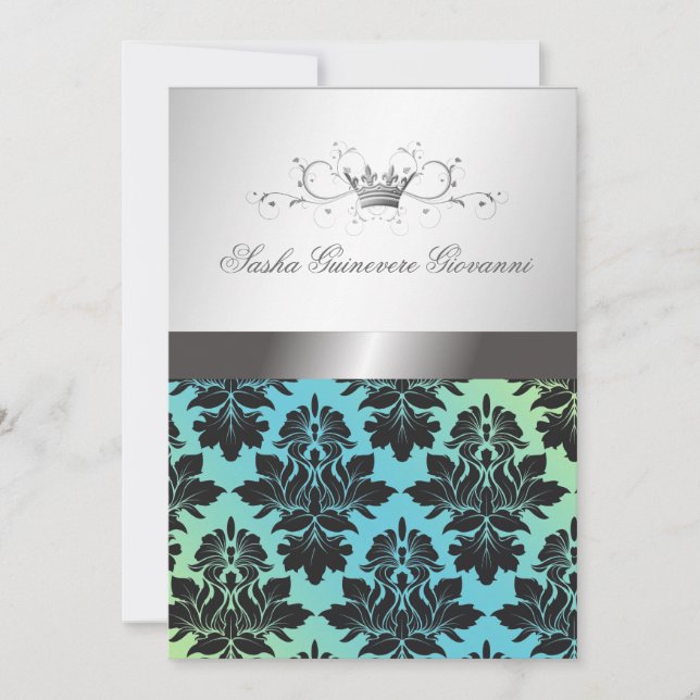 Invitation 311-Blackberry Damask Ribbon Turquoise Lime (Devant)