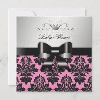 Invitation 311 Blackberry Pink Damask Black Bow| Baby shower
