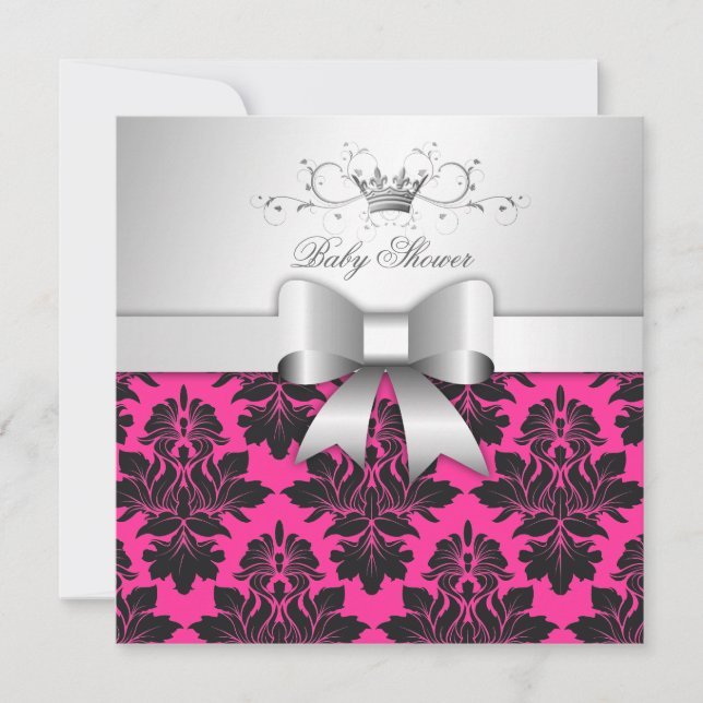 Invitation 311-Blackberry Pink Damask Bow| Baby shower (Devant)