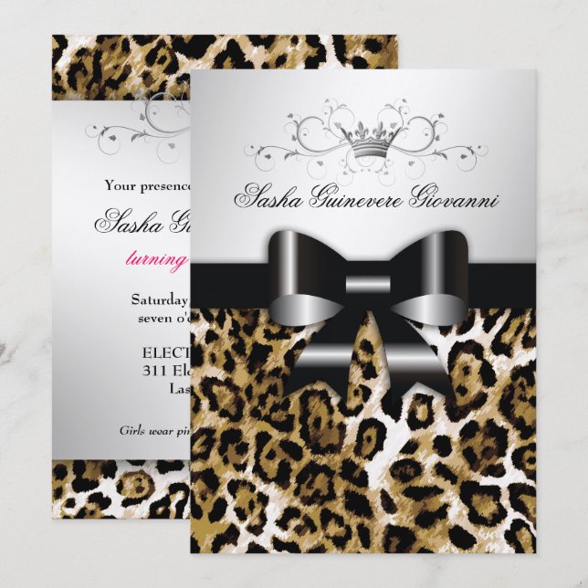 Invitation 311 Chic Brown Leopard Bow 5x7| Métalliques argent (Devant / Derrière)