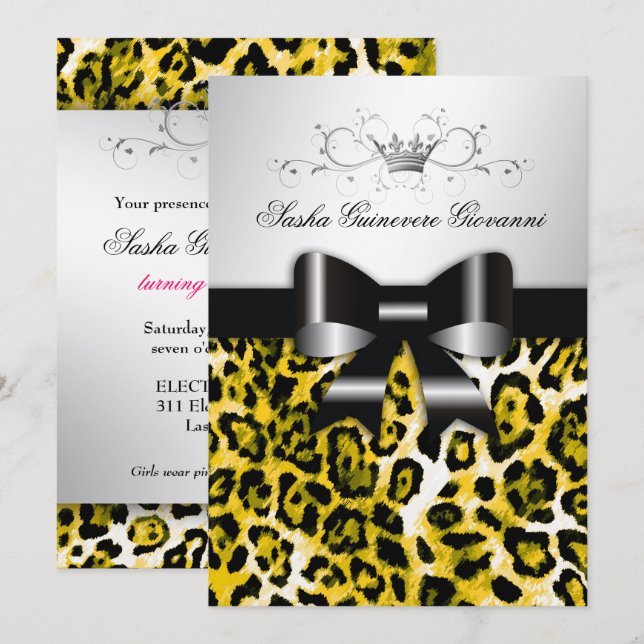Invitation 311 Chic Leopard Bow Métallic Silve (Devant / Derrière)