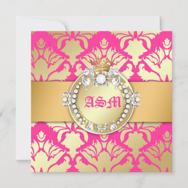 Invitation 311-Damask Shimmer Queen Sweet sixteen Golden Rose (Devant)