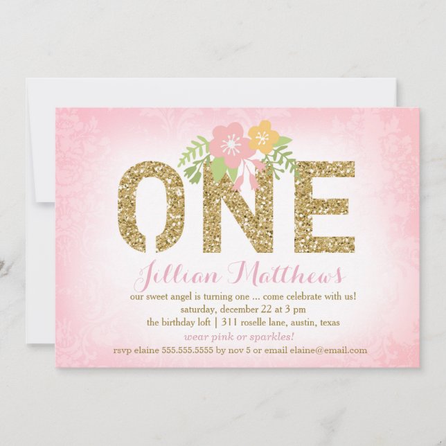 Invitation 311 Faux Gold Parties scintillant Un premier anniv (Devant)