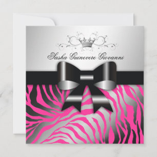 Invitation 311-Zebra Shimmer Black Bow Hot Pink  Sweet 16