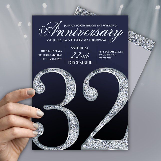 Invitation 32e anniversaire diamant bleu marine argenté (Créateur téléchargé)