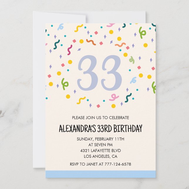 Invitation 33e anniversaire Confetti (Devant)