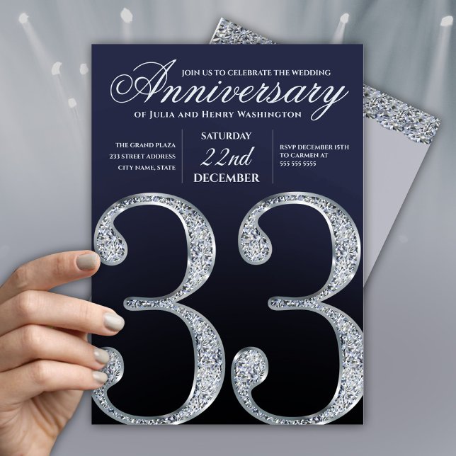 Invitation 33e Anniversaire Diamant Argent Bleu Marine (Créateur téléchargé)