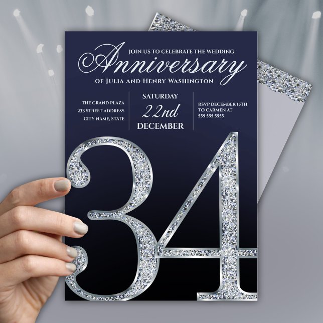 Invitation 34e Anniversaire Diamant Argent Bleu Marine (Créateur téléchargé)