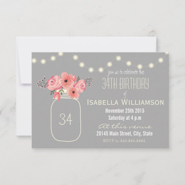 Invitation 34e anniversaire Fleurs d'aquarelle rose & Mason J (Devant)