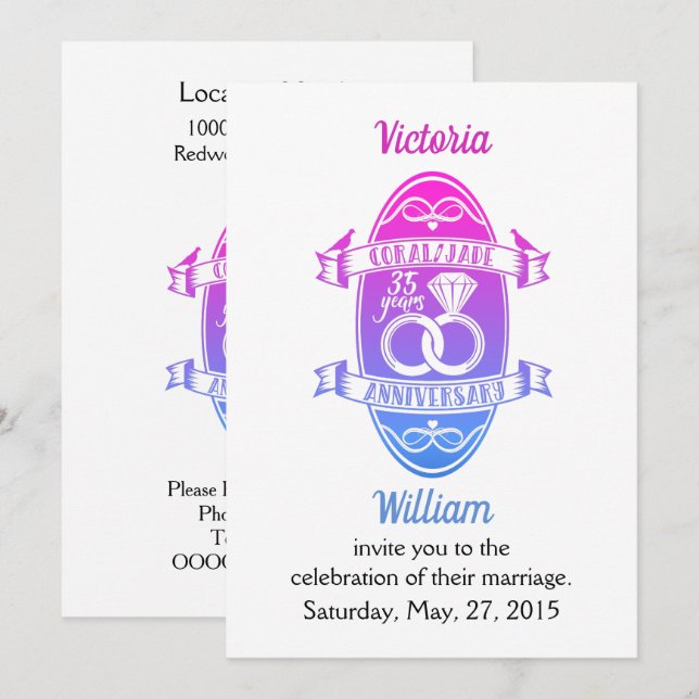 Invitation 35 ans corail traditionnel Jade 235e anniversaire (Devant / Derrière)