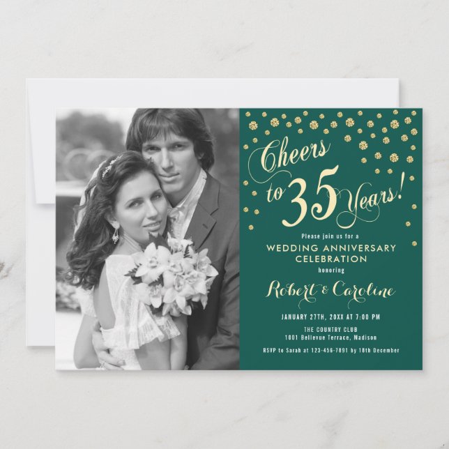 Invitation 35e anniversaire avec photo - Vert émeraude or (Devant)