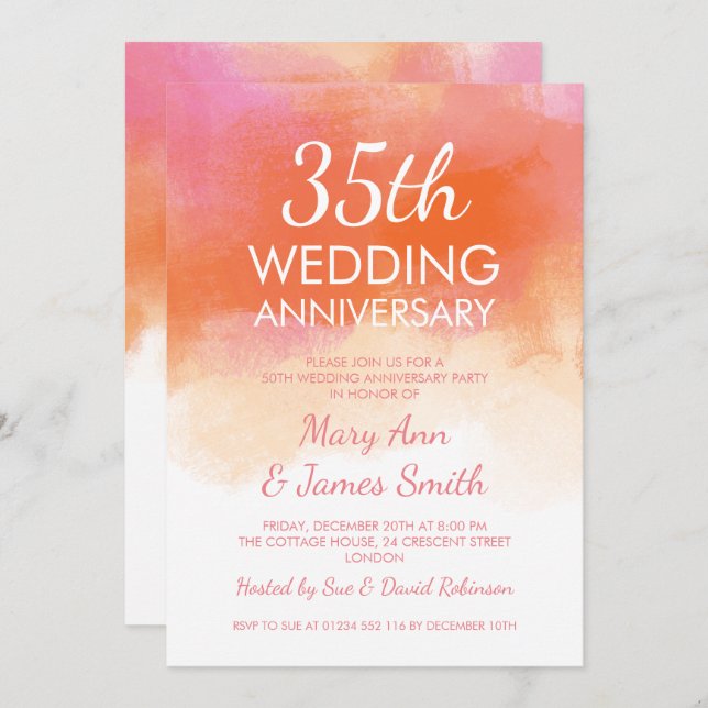 Invitation 35e anniversaire de mariage aquarelle corail rose (Devant / Derrière)