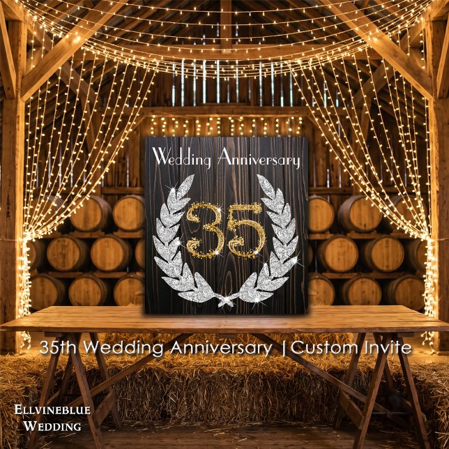 Invitation 35e anniversaire de mariage | Bois rustique et or (35th Wedding Anniversary Invite | Rustic Wood & Diamond Laurel. Size: 5.25” x 5.25”)