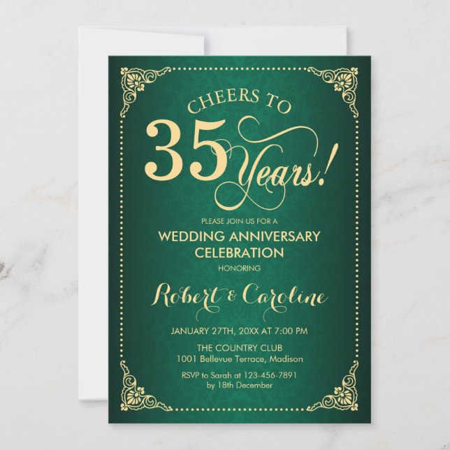 Invitation 35e anniversaire de mariage - Damassé or vert (Devant)