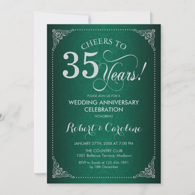 Invitation 35e anniversaire de mariage - Damassé vert argenté (Devant)