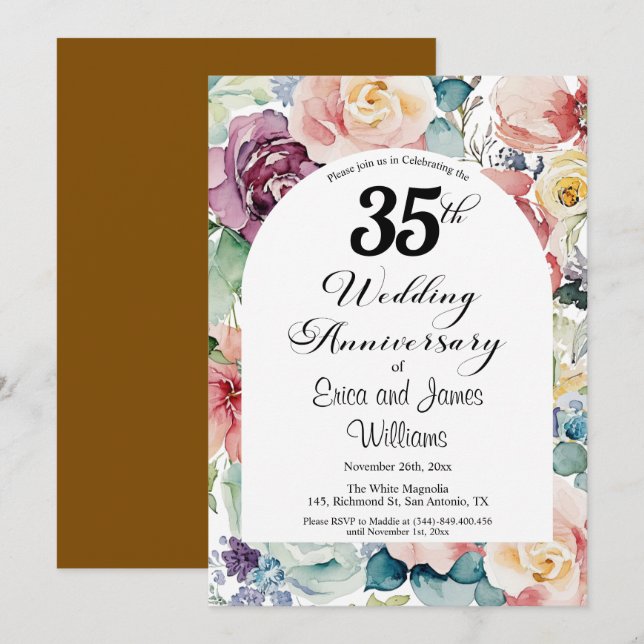Invitation 35e anniversaire de Mariage Élégant script floral (Devant / Derrière)