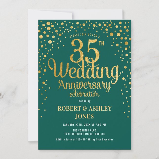 Invitation 35e anniversaire de mariage - Émeraude vert et or (Devant)