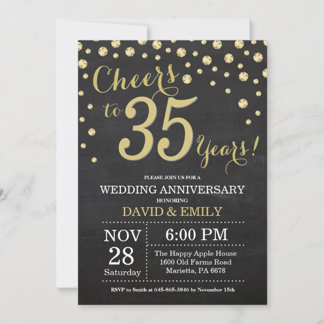 Invitation 35e anniversaire du Mariage Chalkboard noir et or (Devant)