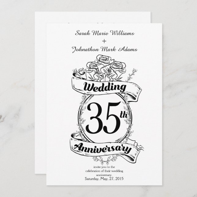 Invitation 35e anniversaire du Mariage Fleurs noir et blanc (Devant / Derrière)