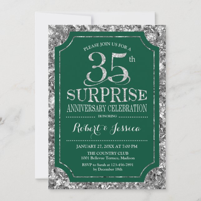 Invitation 35e anniversaire du Mariage surprise - Argent vert (Devant)
