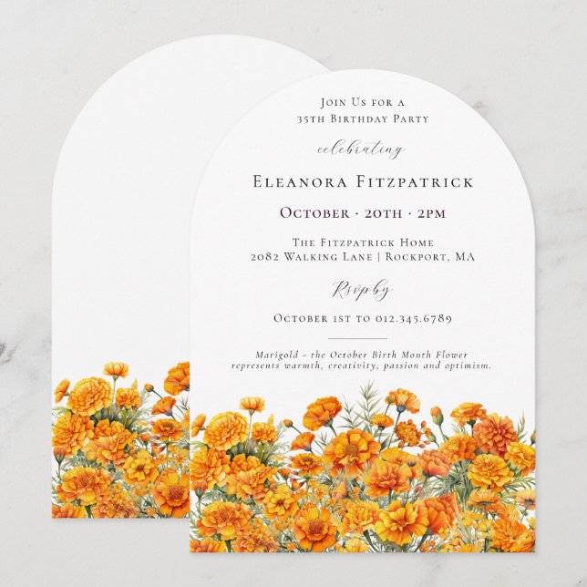Invitation 35e Anniversaire Marigold Fleur de Naissance d'Oct (Devant / Derrière)