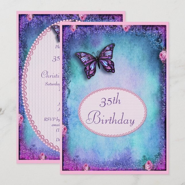 Invitation 35e Faux Pailletage, Papillon, Roses & Dentelle (Devant / Derrière)