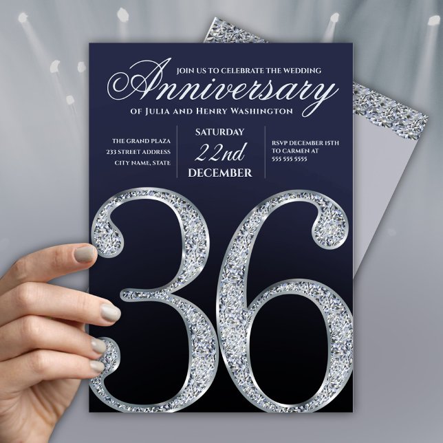 Invitation 36e Anniversaire Diamant Argent Bleu Marine (Créateur téléchargé)