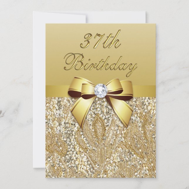 Invitation 37e anniversaire Gold Faux Sequins et Bow (Devant)